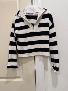 Mango Striped Cropped Half-Zip Sweater - Black & White